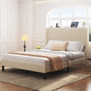 Modern Beige Queen Size Platform Bed with Metal Frame and Charging Station