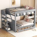 Wood Full Size Convertible Bunk Bed With Storage Staircase, Bedside Table, And 3 Drawers - Gray