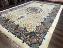 Persian Kashan Rug 9 x 12.6, Ivory and Blue, Floral Medallion, Wool Hand Knotted Semi Antique Carpet