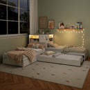 L-Shaped Combination Twin Bed with Trundle and Drawer,3-in-1 Low Corner Platform Bed Linked with Built-in Desk and Led Downlight, White