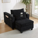 Convertible Chaise Lounge Sofa Chair Bed with USB Ports, Cup Holders & Storage, Black Corduroy, 37.4'