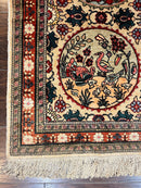 Silk Turkish Rug 2x4, Fine Handmade Oriental Rug, Animal Pictorial Birds Silk Pile on Silk Foundation Vintage Hand Knotted Hereke Carpet