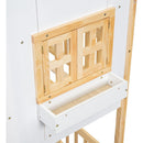Twin over Twin House Bunk Bed with Roof, Window, Window Box, Door, with Safety Guardrails and Ladder, Natural/White