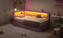 Upholstered Twin Size Platform Bed with USB Ports and LED Belt, With 2 Drawers, Pink