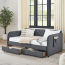 Daybed With Trundle And Storage Drawers, Flat Arms With Pocket