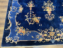 Blue Chinese Art Deco Rug 9x12, Vintage Antique Chinese Wool Rug, Chinese Fette Rug