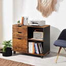 Mobile 3 Drawer Wood File Cabinet With Open Storage Shelves Rustic Brown