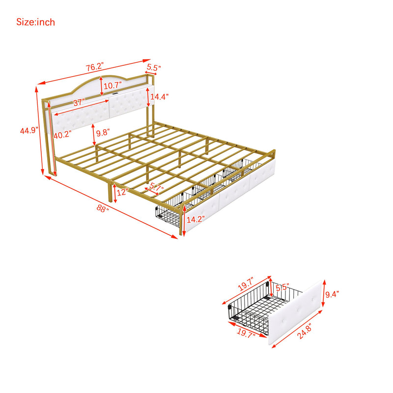 Metal Platform Bed With 3 drawers, Storage Headboard, King, Gold