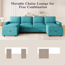Convertible U-shaped Sectional Sofa with Storage Chaise Lounges & USB Ports, Teal, Twill Polyester, 103.9'