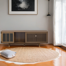 Mid-Century Modern style 2 in 1 PET FRIENDLY Walnut TV STAND Cat house With Sliding glass door flip-down