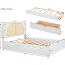 Queen Size Rattan Headboard Bed with Two Drawers and Trundle, White