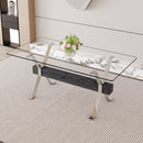 Dining table. Modern tempered glass dining table. Large modern office desk with silver plated metal legs and black MDF crossbars, suitable for both home and office use. Kitchen. 71 ''x35.4''x30 ''