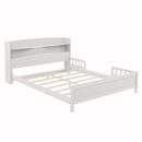 Full Pine Wood Bed with Bookcase Headboard ,LED Motion Sensor Light, Bed Guardrails,White