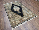 Persian Silk Qum Rug, Silk on Silk, Black Golden Brown and Beige, Hand-Knotted, 3'6" x 5' 5"