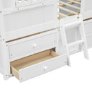 Full Size House Loft Bed with Roof, Windows,4 Storage Drawers,Pine Wooden Bed with Safety Guardrails,Ladder,White