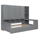 Twin Size Wooden Daybed With Three Drawers, and All-in-One Cabinet, Desk and Shelves, Gray
