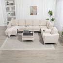 Convertible Sectional Corduroy  Sofa with Storage Ottoman,Cupholders, USB Ports for Living Room Apartment,Beige