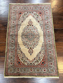 Silk Turkish Kayseri Rug 2x3, Very Finely Hand Knotted, Semi Open Field, Vintage, Silk Pile on Silk Foundation, 300 KPSI