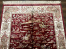 Turkish Silk Hunting Scene Rug 5 x 7.6, Red & Ivory, Bamboo Silk, New