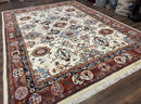 Indo Chinese Wool Rug 9x12, Ivory and Rust Red, Dragon Motifs