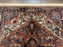 Heriz Rug 5.6 x 8, Geometric Medallion, Wool Oriental Carpet, Tribal Boho Rug, Red Navy Blue Cream, Belgium Power Loomed Rug, Medium Sized
