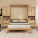 Full Size Solid Wood With Rattan Murphy Bed Cabinet Space-Saving Bed with 2 Side Cabinet Storage Shelves, Perfect for Guest Room, for Bed Room, Guest Room, Home Office, Natural