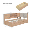 Wooden Twin Size L-shaped Daybed Corner Bed Under-bed Drawers  with Storage Bookcase and Upholstered Headboard and USB Charging Ports for Limited Space,Natural