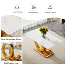 Table and chair set.Subtle Luxury Tempered Glass Dining Set - 63'x35.4' with 4 Black PU Chairs with golden C-tube metal leg.Arched Metal Gold Leg.White imitation marble texture sticker Tabletop.