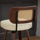 Set of 3 Counter Height Bar Stools - 26 inch Rattan Counter Height Stools with Cane Back, Upholstered Seat, Walnut Craftsmanship, Swivel Counter Stools for Island/Kitchen/Counter/Bar (Walnut /Beige)