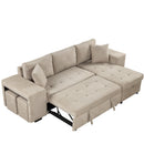 Modern L-Shape 3 Seat Reversible Sectional Couch with Pull Out Sleeper, Storage Chaise & 2 Stools, Cream, Linen Chenille
