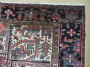 Persian Heriz Rug 8x12 Semi Antique Heriz Carpet, Room Sized Persian Carpet, Geometric Medallion, Wool, Hand Knotted, Red Ivory Dark Blue