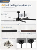 60 Inch Black Ceiling Fan With Lights Remote DC Motor