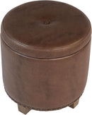 Round Storage Ottoman With Nailhead-Trim Brown Faux Leather