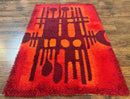 Danish Rya Shag Rug 4x6, Red Vintage Mid Century Retro Abstract Shag Rug