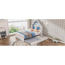 Full Size House-Shaped Bed with Bookcase Headboard and Led Light and Twin Size Trundle for Kids Boys Girls, Blue+ White