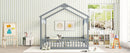 Double Twin House-Style Floor Bed with Fence, Guardrails, without door, Grey(Old Sku:W504P143316)