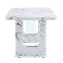 Table and chair set.64.5x35.4 Inch Stylish White Marble Textured Dining Table.Paried With 4 Black PU Chairs with a vertical stripe design on the backrest.Create Your Exclusive Low-Key Luxury Space.