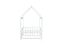 Twin Size House Floor Wooden Bed with Roof Frame,Safety Guardrails,White