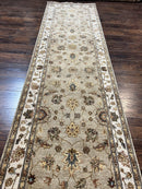 Peshawar Runner Rug 3 x 20, Wool Hand Knotted Vintage Pakistani Carpet, Olive Green & Ivory, Extra Long 20ft Hallway Runner, Floral