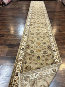 Peshawar Runner Rug 3 x 20, Wool Hand Knotted Vintage Pakistani Carpet, Olive Green & Ivory, Extra Long 20ft Hallway Runner, Floral