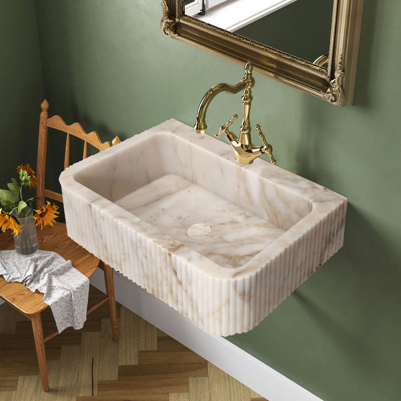 Calacatta Gold Marble Wall-mount Bathroom Vanity Sink Fluted (W)18" (L)30" (H)8" bathroom green walll and wooden chair