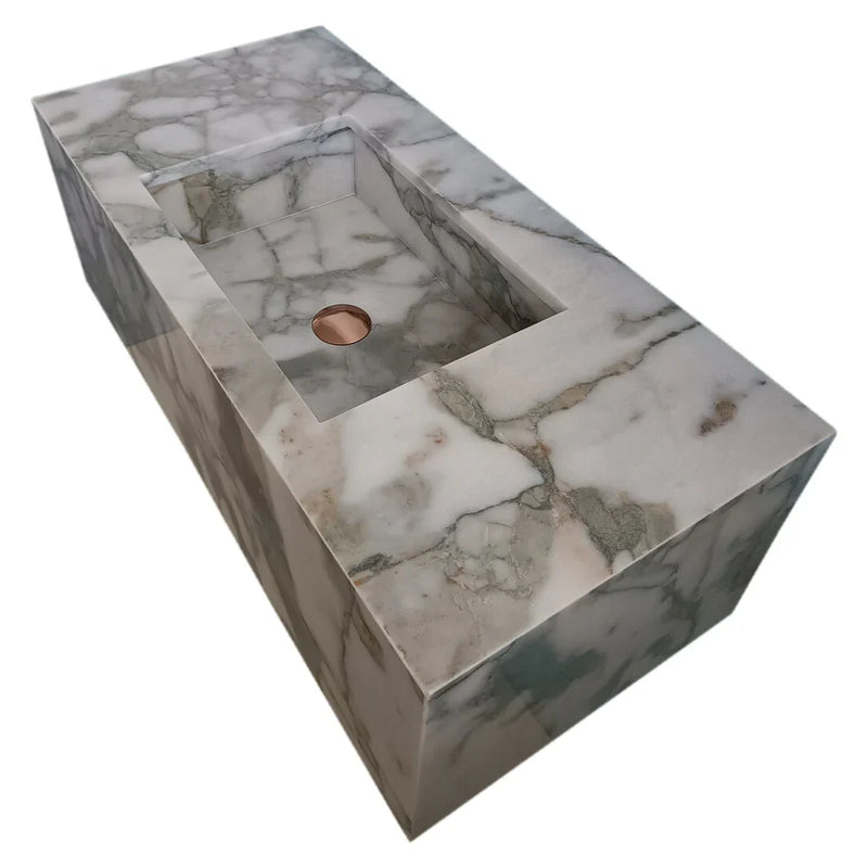 Calacatta Verde Marble Rectangular Wall-mount Bathroom Sink with 10" Backsplash (W)16" (L)34" (H)12" angle view