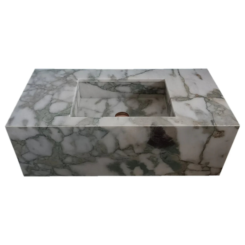 Calacatta Verde Marble Rectangular Wall-mount Bathroom Sink with 10" Backsplash (W)16" (L)34" (H)12" product shot