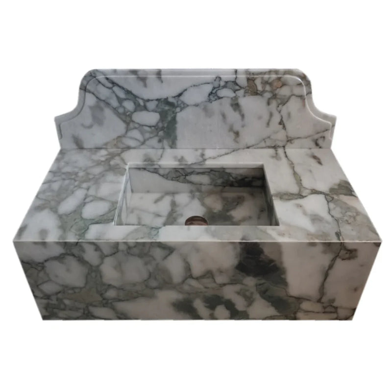 Calacatta Verde Marble Rectangular Wall-mount Bathroom Sink with 10" Backsplash (W)16" (L)34" (H)12" product shot