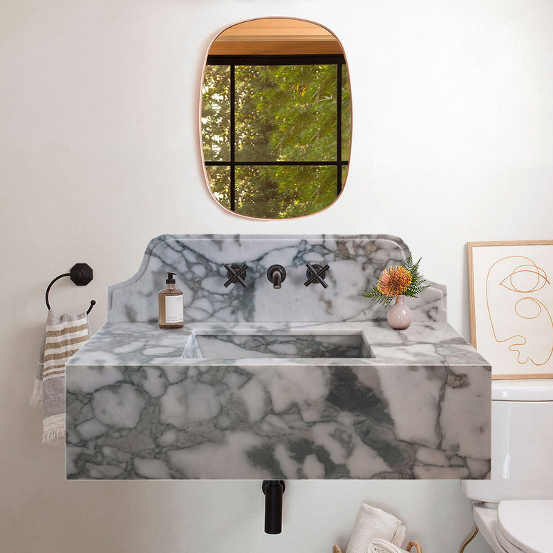 Calacatta Verde Marble Rectangular Wall-mount Bathroom Sink with 10" Backsplash (W)16" (L)34" (H)12" bathroom view