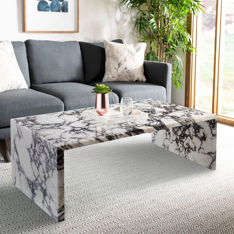 Calacatta Viola Marble Plain Design Coffee Table Polished (W)20" (L)36" (H)12" installed living room dark blue coach and bright room white area rug