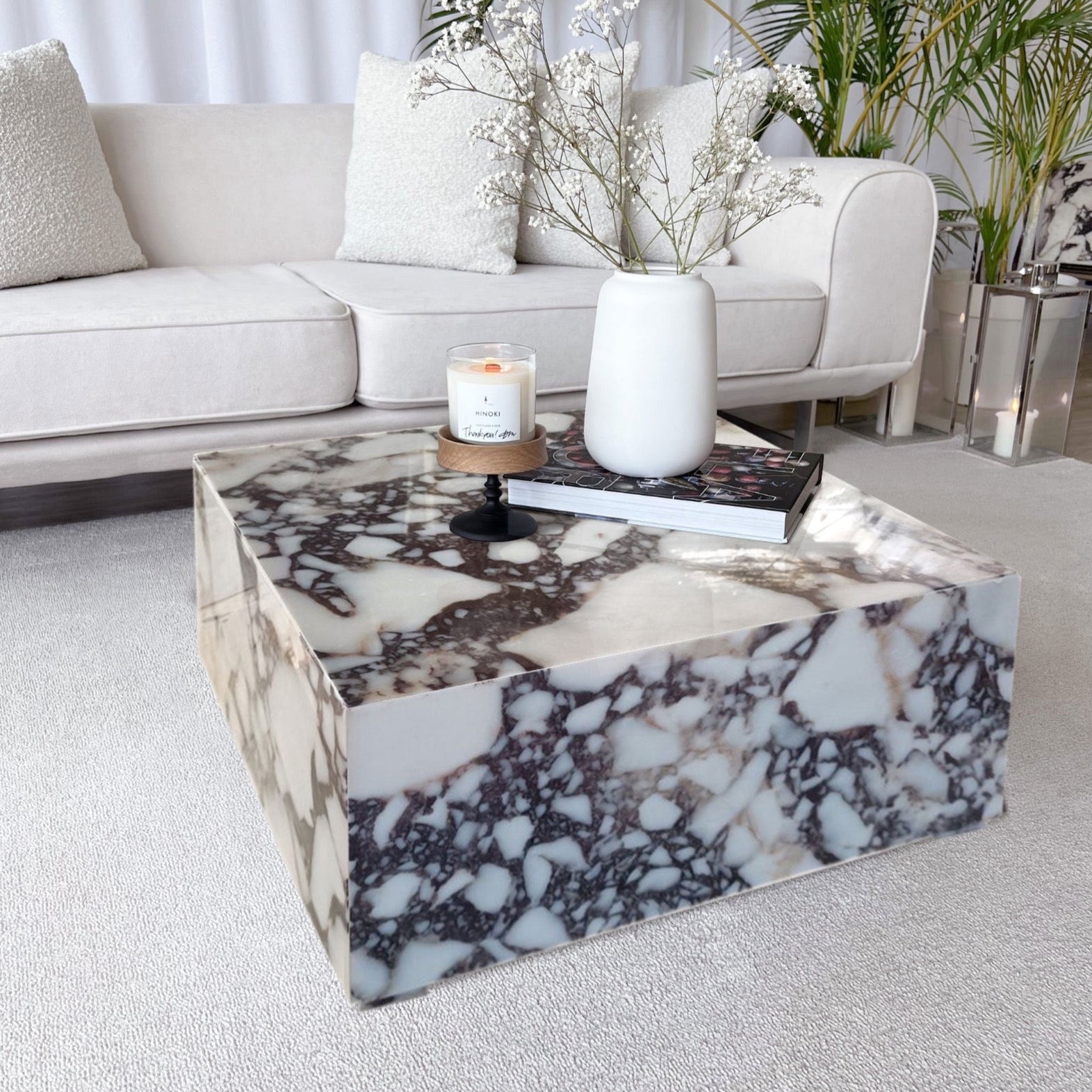 Calacatta Viola Marble Rectangular Prism Block Design Coffee Table