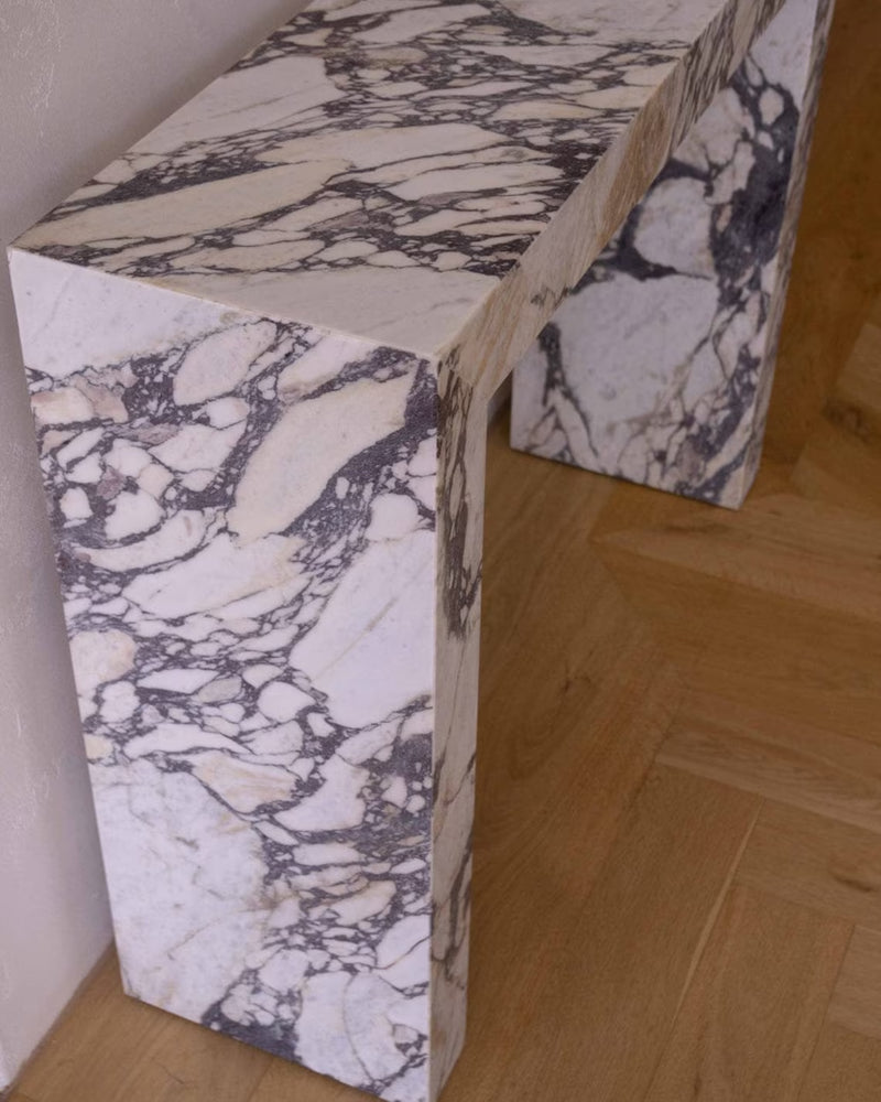 Calacatta Viola Marble Rectangular Console Polished (W)12" (L)40" (H)30" profile close-up view