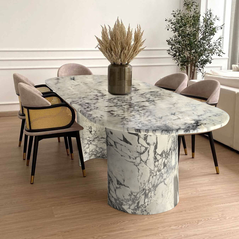 calacatta viola marble oval dinner table top c shape marblelegs W36 L88 H28 room scene