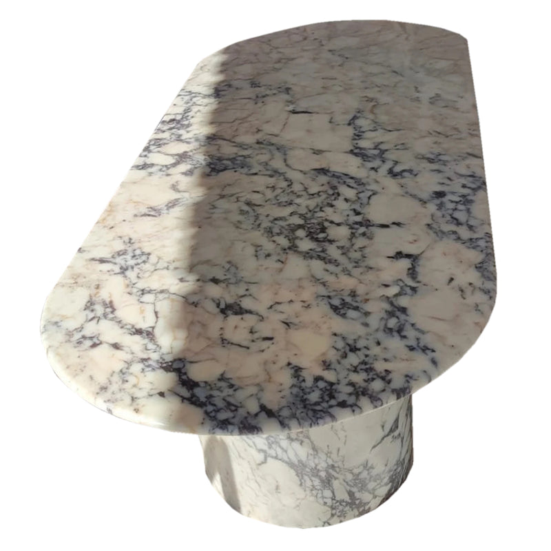 calacatta viola marble oval dinner table top c shape marble legs W36 L88 H28 top angle view